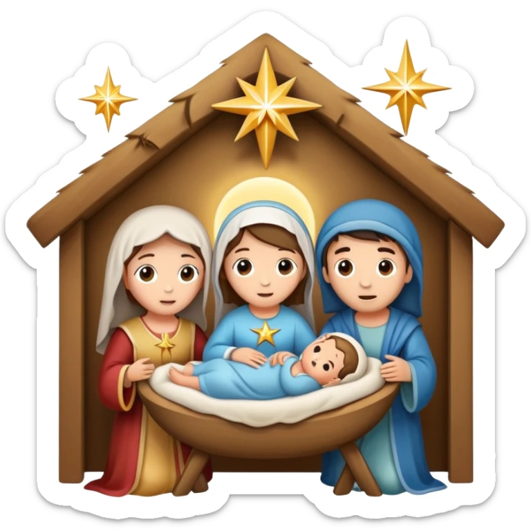 Nativity scene with baby Jesus in a manger, Mary, Joseph, and star above sticker