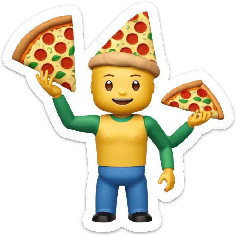 A roblox avatar yellow head arms blue troso green legs and a whole pizza on his head sticker
