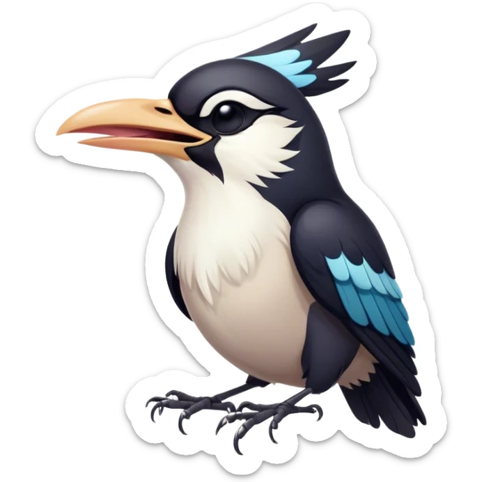 Cinematic Cute Yawning Magpie Portrait Emoji, Head tilted slightly with a dramatic, wide-open yawn, showcasing a sleek, contrasting feathered form with softly drooping wings and sleepy, half-closed eyes, Simplified yet irresistibly adorable features, highly detailed, glowing with a soft, cozy urban glow, high shine, relaxed yet expressive, stylized with a dash of whimsical charm, soft glowing outline, capturing the essence of a drowsy yet affectionate magpie that appears ready to stretch out for a nap! sticker