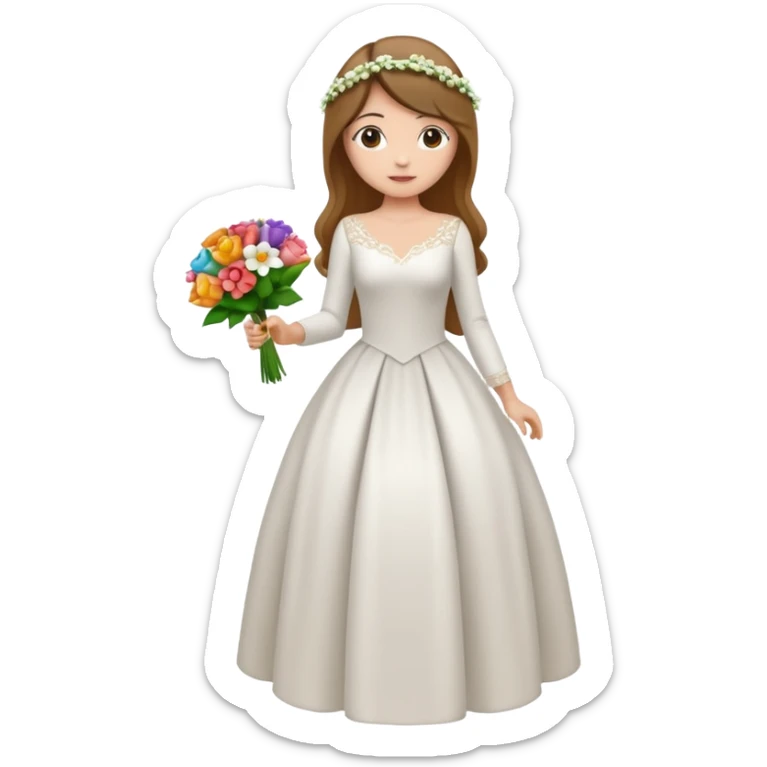 Chica blanca, cabello castaño, recogido en moño alto con mechones, vestido novia de manga larga, cuerpo entero, ramo de flores en una mano, cola trasera sticker