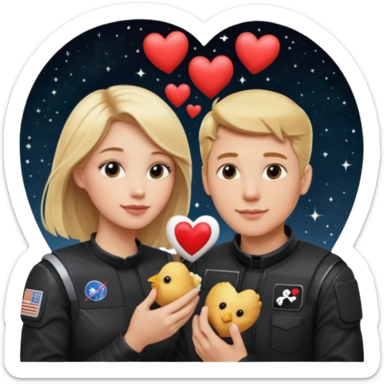 Couple with blonde hair wearing black eating chick filet hearts and outer space in the background  sticker