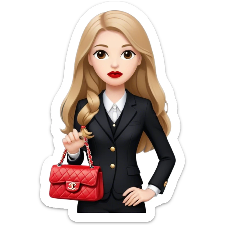 White girl with light brown long hair dressed up in black chanel suit with a chanel bag and red lipstick sticker