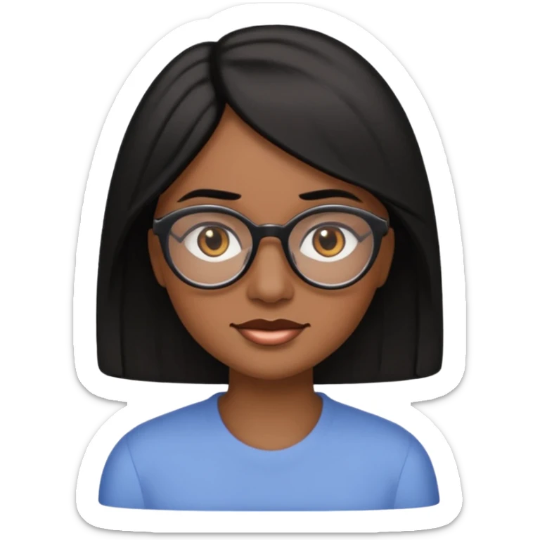 A woman emoji with medium-dark skin, straight shoulder-length black hair parted to the side, an oval-shaped face, arched dark eyebrows, large brown eyes with glasses, a small nose, and natural-toned lips. sticker