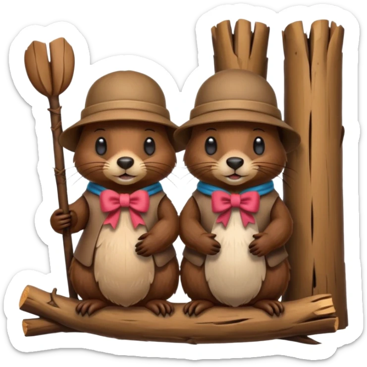 a beaver couple, one a female with a bow on her head in a beaver home made of sticks and logs sticker