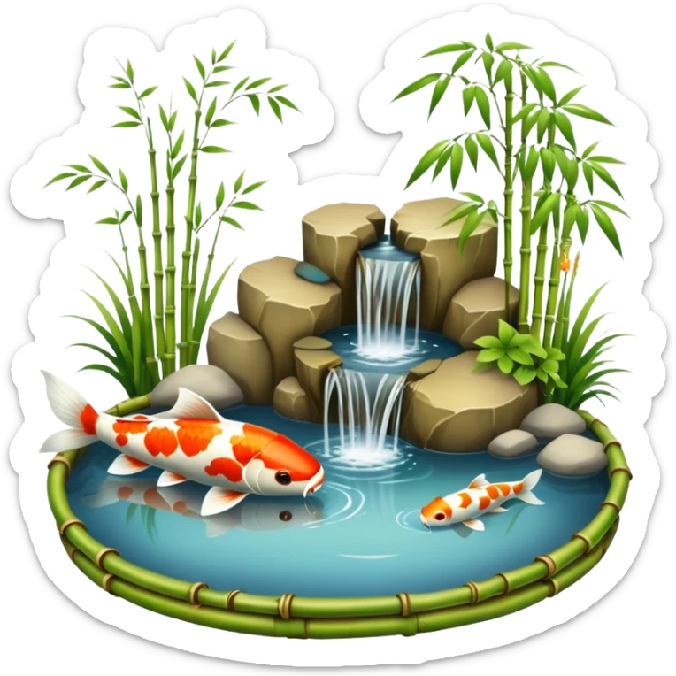 Romantic Asian koi fish pond and bamboo fountain scenic scenery landscape deco sticker