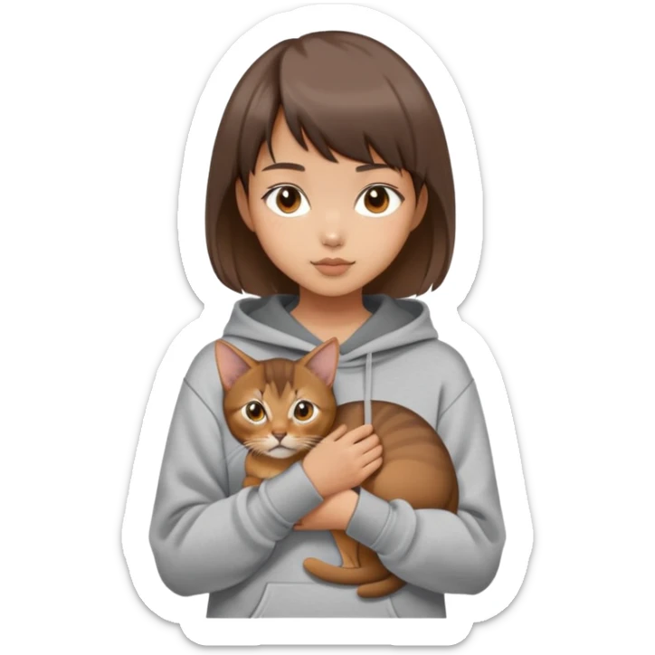 a asian girl with short brown hair and bangs holding an Abyssinian cat， wearing grey hoodie sticker