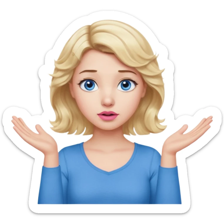 Girl Blonde short wavy hair,  blue eyes, cute blue top, long lashes, pink lips, confused, shrugging hands raised sticker