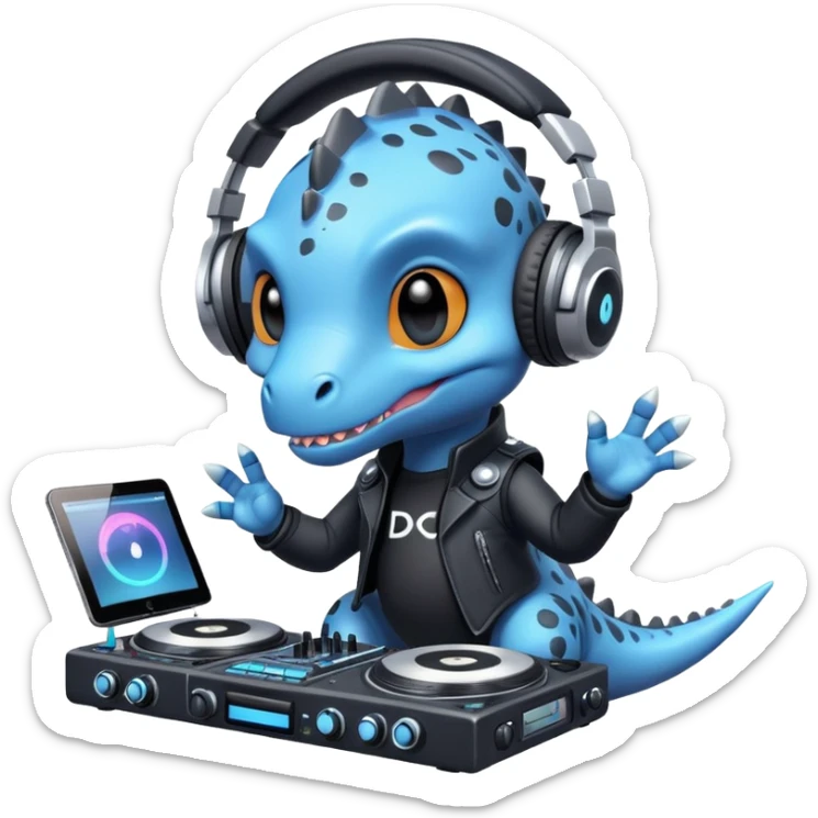 Dinosaurio muy tierno músico DJ con ropa negra futurista verexxo  sticker
