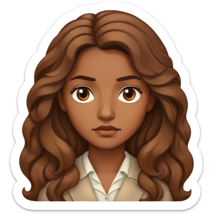 "- Nữ
- 30 tuổi
- Da nâu
- Tóc xoăn nhẹ màu nâu, dài 
- Mặt nghiêm túc
" sticker