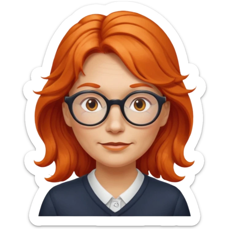 middle-aged Norwegian woman with long wavy orange-red hair tied loosely to the left, wearing large round glasses sticker