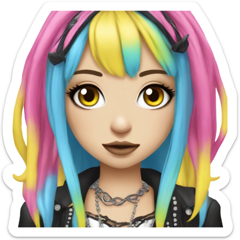 Blue eyed long eye lashes pout blonde and pink hair pale hime gyaru girl, hot pink and yellow split-dyed hair, nose ring, elf ears, dark makeup, punk clothes sticker