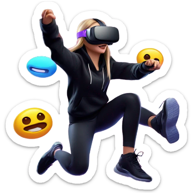 Russian girl wearing black hoody with violet letters "OMG", in vr headset oculus quest2. jumping. Cyberpunk style. Violet neon. sticker