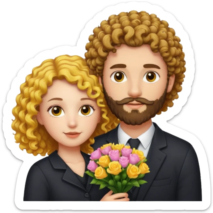 curly haired girl with yellow eyes and hair parted from the right side, with a handsome bearded man holding a bouquet, charming sticker