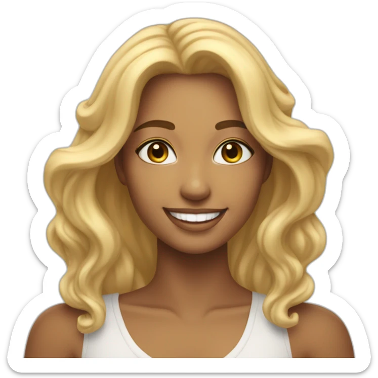 a beautiful woman, in the representation of the One who loves God, has a big smile, stares at the camera in front of her, her hair is blond and long sticker