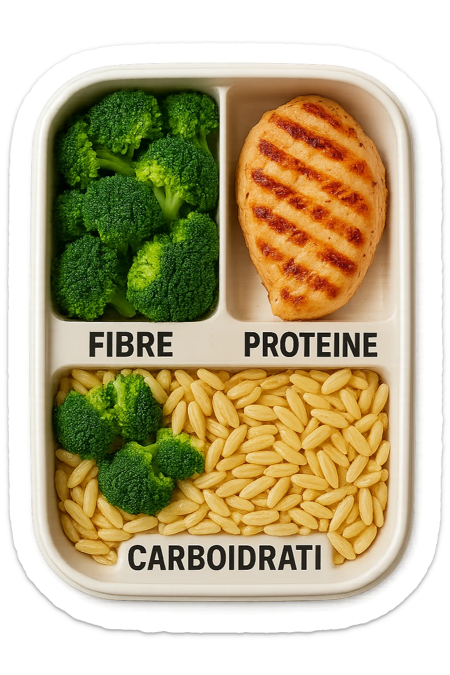 EMOJI STILE IPHONE DI una schiscetta vista dall'alto con 3 porzioni ben distinte: nelle porzioni scrivi le parole FIBRE, PROTEINE, CARBOIDRATI, iperrealistica 4k sticker