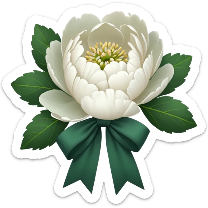 white peonies tied with a dark green bow, minimalism, iOS emoji style, no faces or smileys sticker