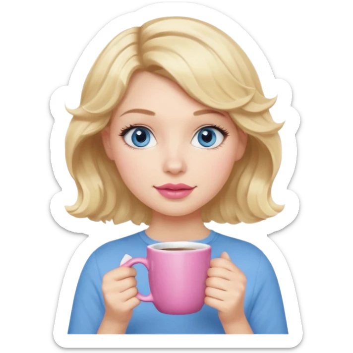 Girl Blonde short wavy hair,  blue eyes, cute blue top, long lashes, pink lips, holding coffee mug sticker