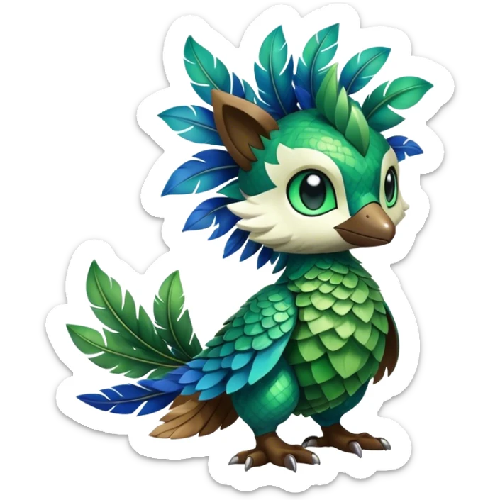 Cute cool fantasy animal hybrid Fakemon full body, green scales, green leaves, brown feathers, blue feathers sticker