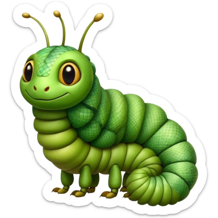 Cinematic Realistic Noble Caterpillar Portrait Emoji, Poised and serene, with a slender, segmented body covered in vivid, detailed green scales accented by subtle natural patterns, and a tiny, focused face with delicate, inquisitive eyes, rendered with lifelike texture and soft natural lighting, high shine, intelligent and delicate, styled with an air of woodland elegance, focused and attentive, soft glowing outline, capturing the essence of a watchful and confident looper caterpillar that appears ready to inch gracefully out of the screen with natural authority! sticker
