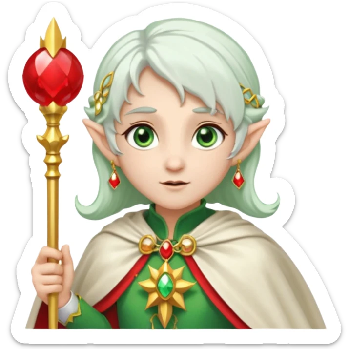 an elf with very white hair and two  pigtails on the side of her head, she has a curtain bang, green eyes, she has a white cape with golden borders and a scepter with a red orb, she has earrings that look like red drops sticker