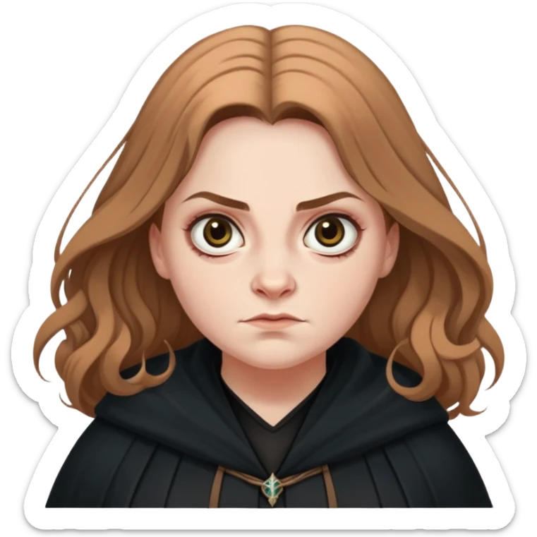 Alecto Carrow in harry potter, a woman fat, light brown tied hair, look evil, black cloak sticker