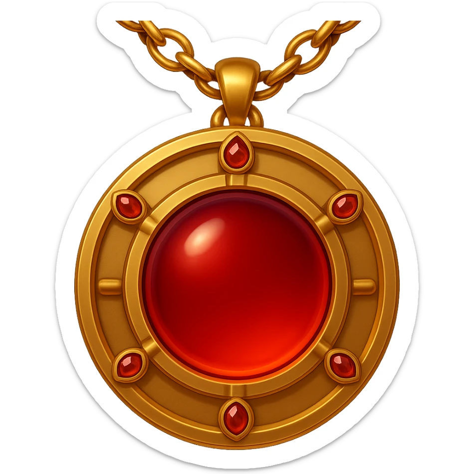 Make the garnet round and glowing wine-red, enchanted talisman of resilience, love, and becoming, golden chain, ethereal and moving, in emoji style sticker