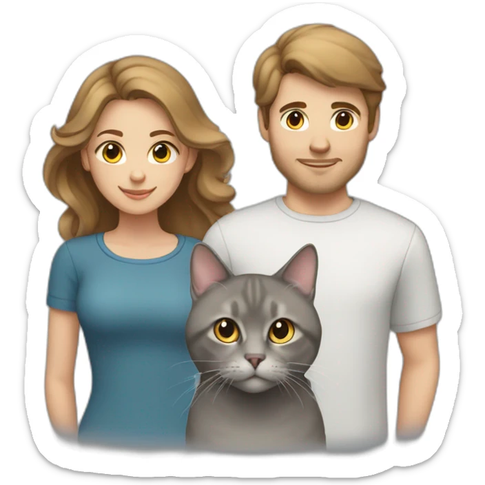 men and women with brown hair and Light skin  with a gray british cat sticker