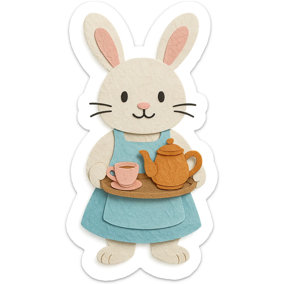 highly detailed, high quality paper craft style illustration of a white bunny in an apron holding a tea tray, intricate textures, soft lighting, delicate cut-paper details sticker