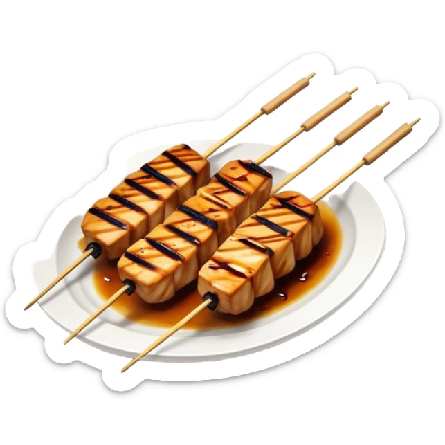 Cinematic Realistic Yakitori Dish Emoji, depicted as skewered, grilled chicken pieces with a charred finish rendered with crisp textures and appetizing, natural lighting. sticker