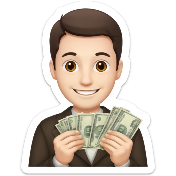 Make an emoji of a photorealistic adult man holding money in his hands. He has a smile on his face. He looks like an adult. the skin should be white. 4 options sticker