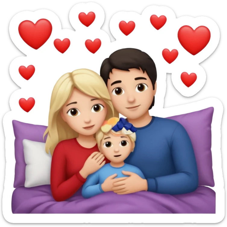 two people cuddling in bed. man has dark hair. woman is blonde. hearts surrounding them. sticker