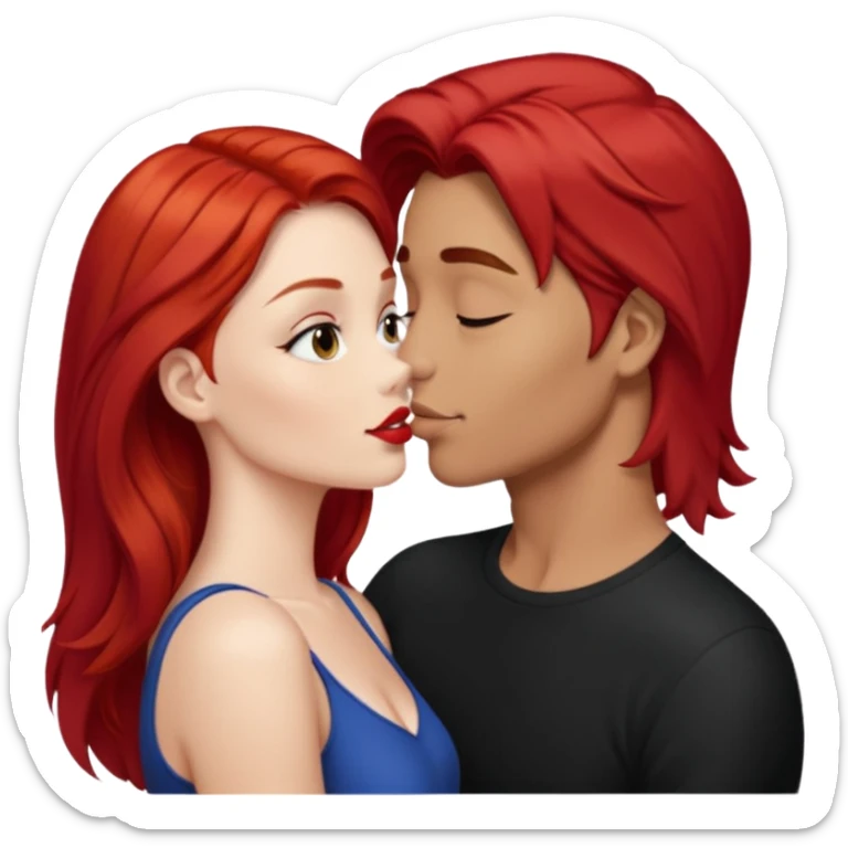Long red hair woman kissing cute tan guy with short dark hair sticker