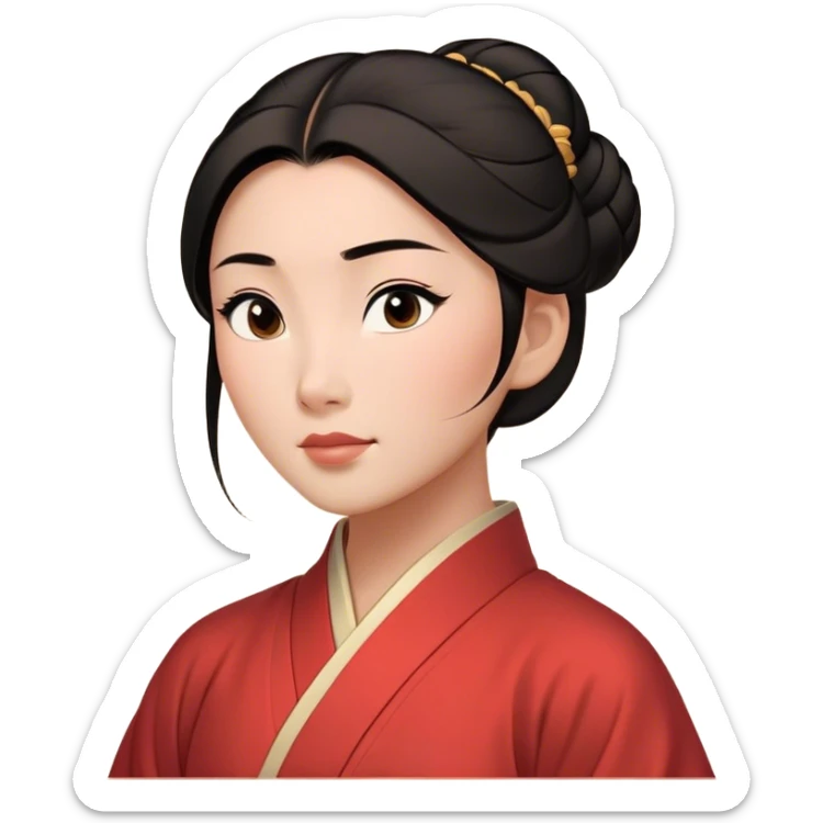 Cinematic Timeless Mulan Portrait Emoji, rendered in a clean vector style. Depict Mulan with warm, light-toned skin, neatly styled dark hair in a traditional bun, and a serene, confident expression, dressed in a simple traditional robe with minimal decoration. The image is highlighted by a soft, inviting glow and a subtle glowing outline, capturing enduring beauty and quiet strength. sticker