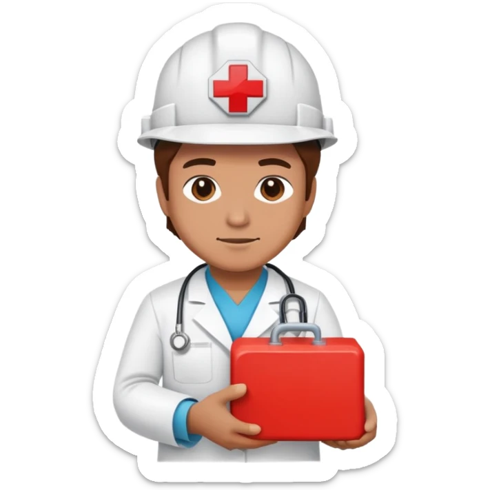 Brick mason wearing a hard hat but in a doctors gown emoji holding a big red brick sticker