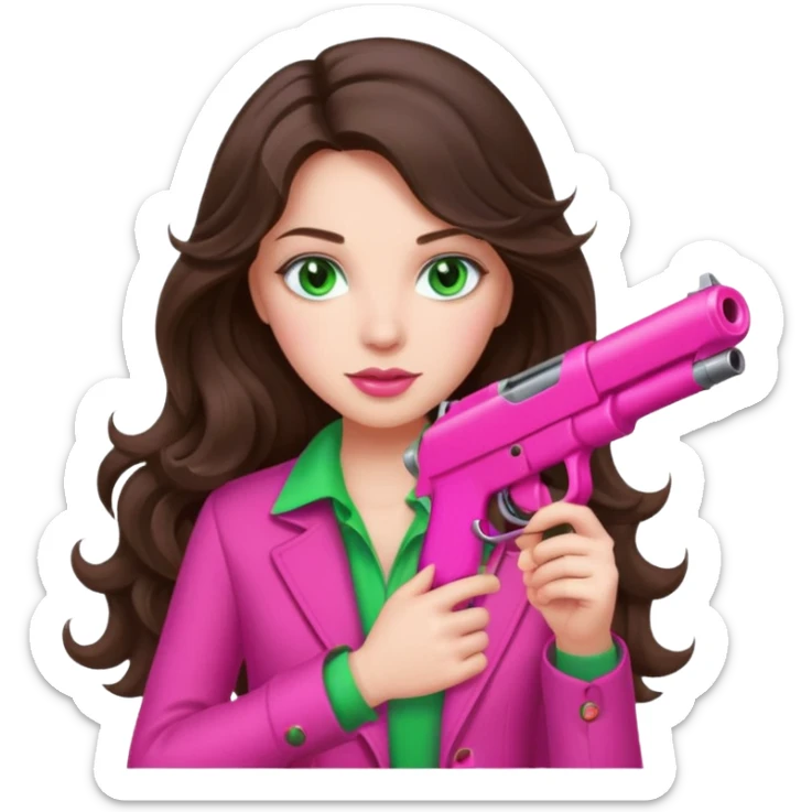 brunette girl with long wavy hair and green holding a hot pink gun sticker