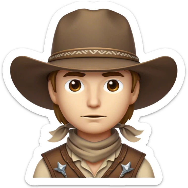Clash of Clans aesthetic friendly Cowboy Portrait Emoji, With a rugged yet stylized build wearing a classic wide-brimmed hat and bandana, his face rendered in a natural skin tone (not yellow), determined eyes and a steely gaze, Simplified yet dynamic features, highly detailed, glowing with a warm, sunlit frontier radiance, high shine, brave and spirited, stylized with an air of Wild West heroism, focused and ready, soft glowing outline, capturing the essence of a fearless cowboy adventurer ready to ride into epic quests! sticker