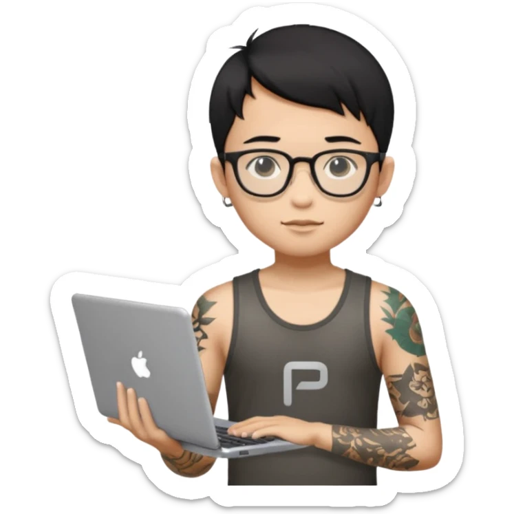 A young boy with A macbook laptop, black straight short hair, wearing glasses, wearing a tanktop, has tattoos, he is asian, no earrings, he's holding a laptop

Add the letters "P I F" floating around sticker