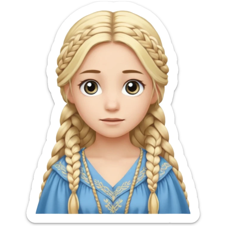 
mujer, Joven, de aspecto dulce y elegante.
Piel clara, ojos grandes y expresivos (pueden ser azules o verdes), sonrisa triste.
Rubio o castaño claro, largo, con trenzas o velo.
Vestido largo de tonos suaves (blanco, azul o lavanda), con bordados dorados; un manto o toca fina cubriendo la cabeza.
 sticker