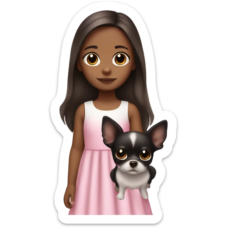 Little Girl with White skin, black eyes. Long brown hair with. She is wearing a pink and White dress, standing and holding on to a Chihuahua black sticker