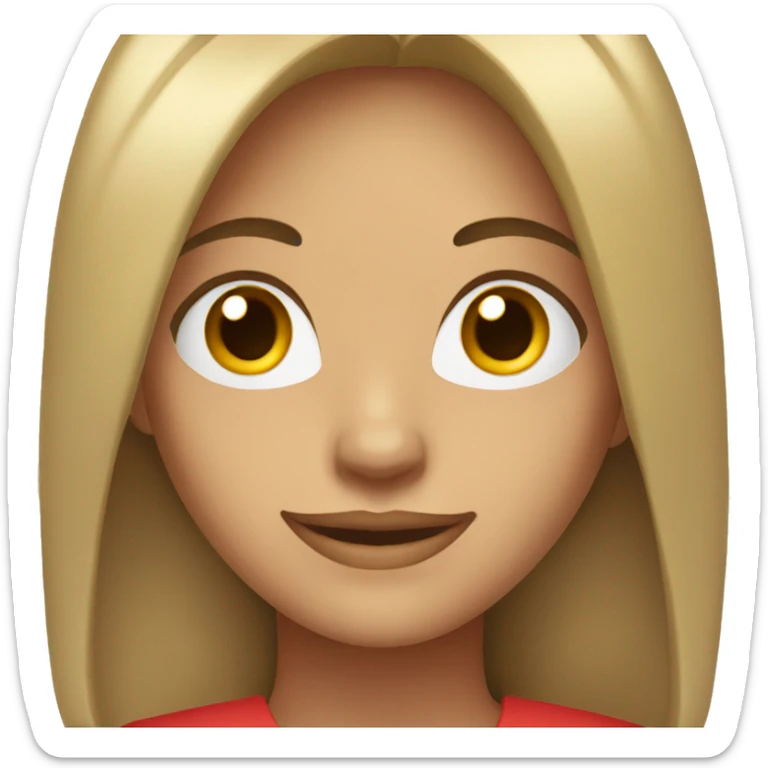 smiling woman with light to medium skin, straight dark brown hair with middle part red shirt  sticker