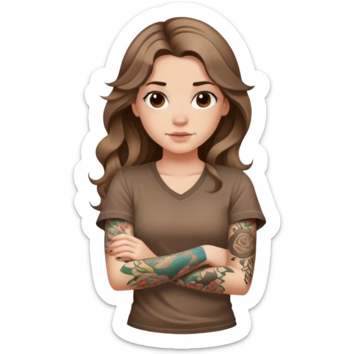 A girl with fair skin, long wavy hair, tattoos on her arms, wearing a brown short-sleeved shirt sticker