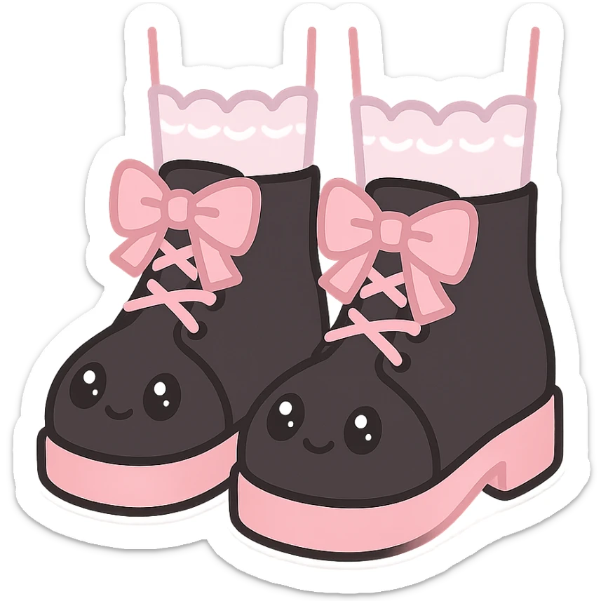 BLACKPINK-inspired gothic shoes, no hearts, black and pink, cute and stylish, kawaii style, lace-up ankle boots with ribbons, pastel lace socks sticker