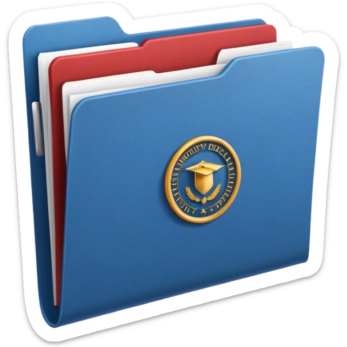 A simple emoji-style icon of a white textured paper folder, clean and formal, with sharp edges, minimal shading, and an embossed university degree/certification seal on the front, conveying academic achievement and official records. white white white  sticker