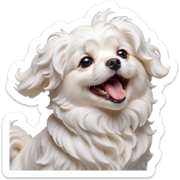 Cinematic Cute Yawning Wavy-Haired Maltese dog Portrait Emoji, Head tilted slightly with a dramatic, wide-open yawn, showcasing a lustrous, wavy-haired white coat with gentle highlights, floppy ears slightly drooping, round dark eyes barely open in drowsy contentment, Simplified yet irresistibly adorable features, highly detailed, glowing with a soft, cozy glow, high shine, relaxed yet expressive, stylized with a touch of whimsy, bright and endearing, soft glowing outline, capturing the essence of a sleepy yet affectionate companion, so drowsy it feels like it could stretch right out of the screen and curl up for a nap! sticker
