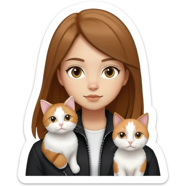 Light-skinned girl with brown straight hair wearing a black jacket, along with one pure white cat and one calico cat sticker