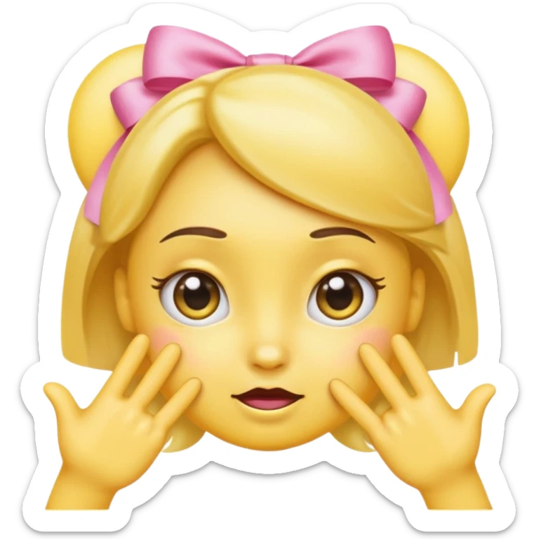 Cute yellow emoji face with big pleading shiny eyes, raised curved eyebrows, small shy smile, and both hands pointing index fingers toward each other. Add two small pink satin bows on top corners of the head. iOS-style, smooth digital look sticker