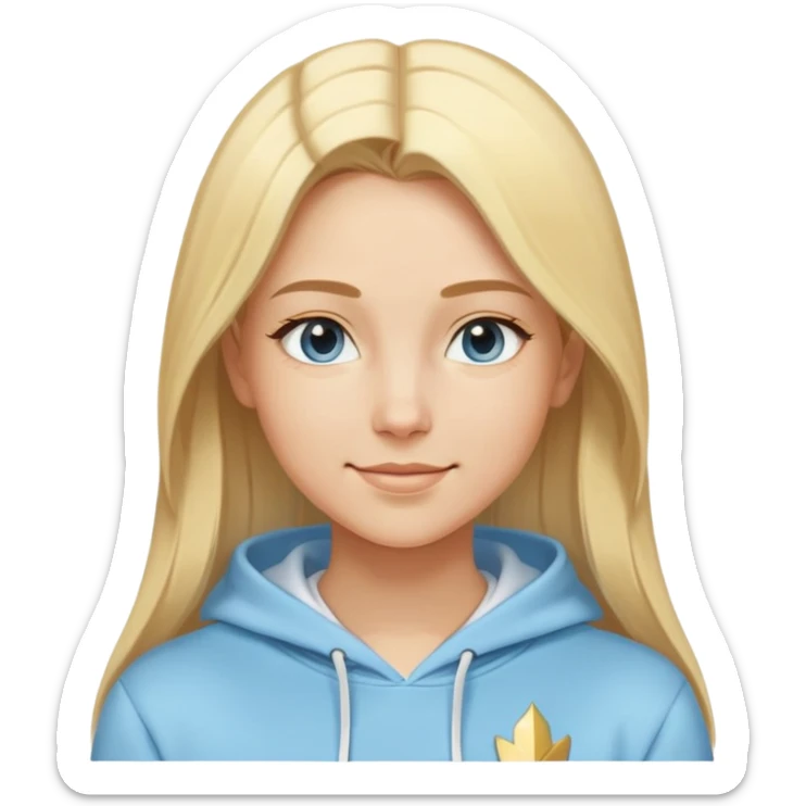 Woman with blonde straight hair and side part, serene smile, dreamy eyes, wearing a light blue fantasy-sporty hoodie with golden and white details sticker