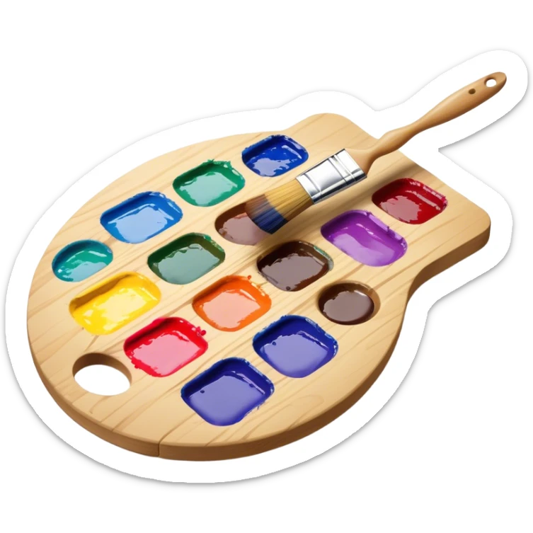 Cinematic Realistic image of a vibrant paint palette and brush, featuring a wooden palette smeared with an array of richly blended colors and a finely detailed brush with soft, delicate bristles, set against a softly textured background that evokes artistic inspiration sticker