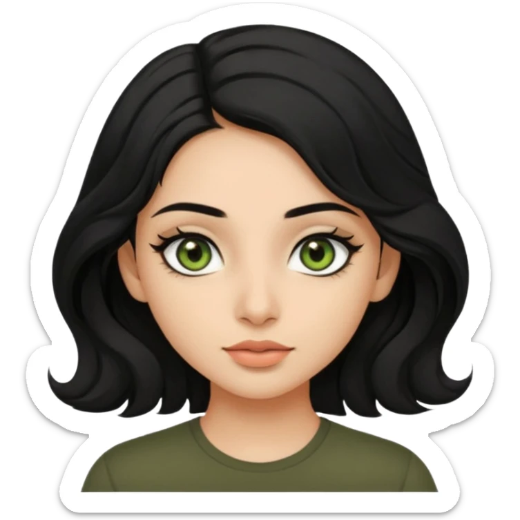 a pretty FAIR indian bratz girl with wavy black hair, wearing a black tee. eyeliner on, olive green eyes.  sticker