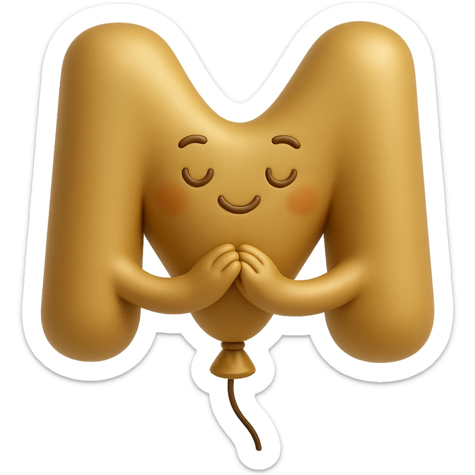 Change the balloon M to gold, keep the warm, grateful expression and gratitude vibe, with no background. sticker